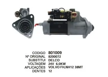 [801009] 801009 MOTOR DE PARTIDA 38 MT VOLVO FH 24V 12D 6.0KW DELCO