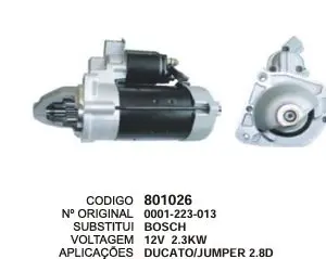 801026 MOTOR DE PARTIDA DUCATO 1.8D TURBO 12V 2.3 9D BOSCH