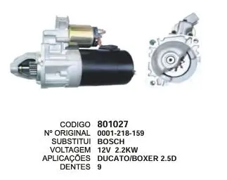 801027 MOTOR DE PARTIDA DUCATO 2 .5D 12V 2.2 KW 9D BOSCH