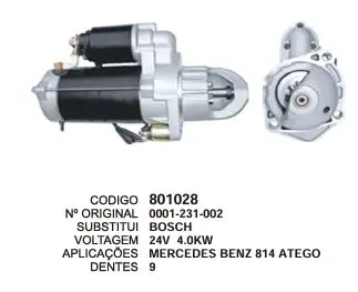 801028 MOTOR DE PARTIDA MERCEDES BENZ 814 ATEGO 24V 9D BOSCH