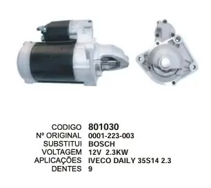 801030 MOTOR DE PARTIDA IVECO DAILY 2.3/2.8 12V 9D BOSCH