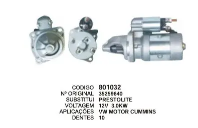 801032 MOTOR DE PARTIDA M93R 12V 3.0KW 10D 12V PRESTOLITE