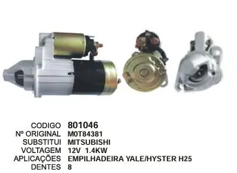 [801046] 801046 MOTOR DE PARTIDA EMP. YALE/HYSTER 12V 8D MITSUBISHI