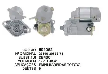 801052 MOTOR DE PARTIDA EMPILHAD. TOYOTA 12V 1.4KW 9D DENSO