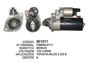 801077 MOTOR DE PARTIDA TOYOTA HILUX 12V 9D BOSCH