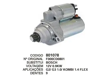 801078 MOTOR DE PARTIDA GOL G5,G6,FOX,KOMBI 12V 9D BOSCH