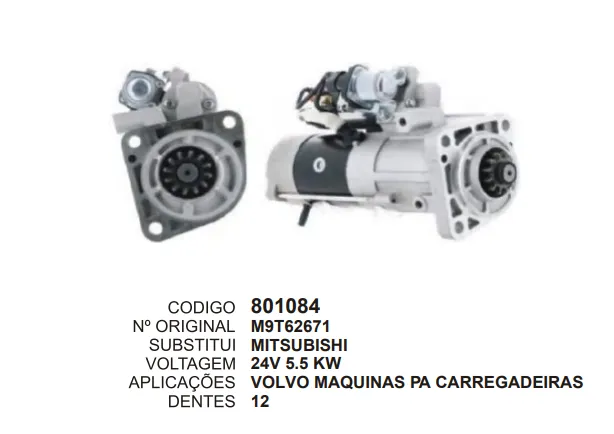 801084 MOTOR DE PARTIDA VOLVO MAQUINAS CARREGADEIRAS 24V 12D MITSUBISHI