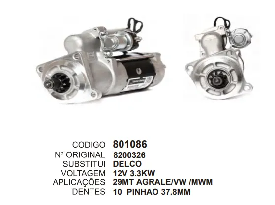 801086 MOTOR DE PARTIDA 29 MT AGRALE/MWM 12V 10D DELCO