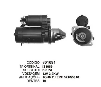 801091 MOTOR DE PARTIDA ISKRA,JONH DEERE 12V 10D ISKRA