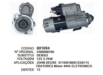 801094 MOTOR DE PARTIDA JOHN DEERE TRATORES  12V 13D DENSO