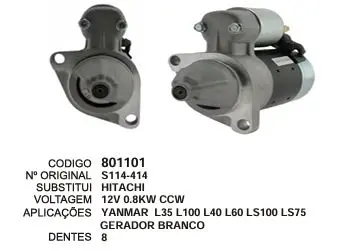 801101 MOTOR DE PARTIDA YANMAR L35,L100,L60 12V 8D HITACHI
