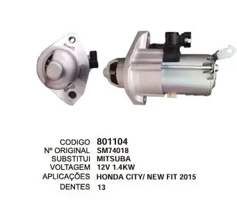 801104 MOTOR DE PARTIDA HONDA CITY 12V 13D MITSUBA