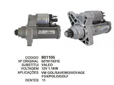 801105 MOTOR DE PARTIDA VWGOL,SAVEIRO,VOYAGE 12V 11D VALEO