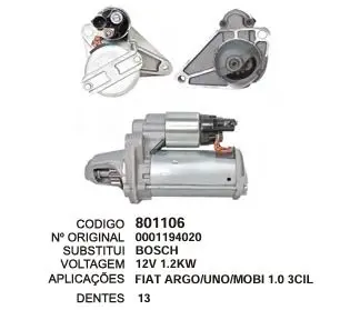 801106 MOTOR DE PARTIDA FIAT ARGO 12V 13D BOSCH