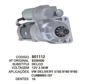 801112 MOTOR DE PARTIDA DELIVERY 5150 CUMMINS 12V 10D DELCO