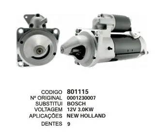 801115 MOTOR DE PARTIDA NEW HOLLAND 12V 9D BOSCH