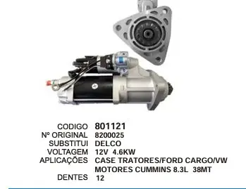 801121 MOTOR DE PARTIDA TRATORES,VW CUMMINS 38MT 12D 12V