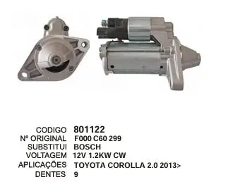 801122 MOTOR DE PARTIDA TOYOTA, COROLLA 2.0 9D 12V BOSCH