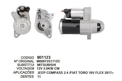 801123 MOTOR DE PARTIDA JEEP COMPAS 2.4 FIAT TORO 12V 11D MITSUBISHI
