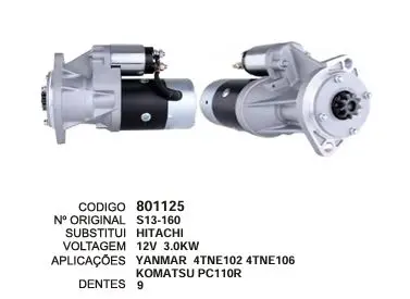 801125 MOTOR DE PARTIDA YANMAR KOMATSU 9D 12V HITACHI