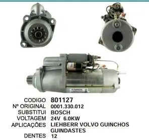 801127 MOTOR DE PARTIDA VOLVO GUINDASTES 24V 12D BOSCH