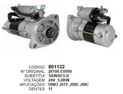 801132 MOTOR DE PARTIDA HINO J08E J08C SAWAFUFI 24V