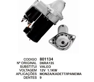 801134 MOTOR DE PARTIDA MONZA,KADETT VALEO 12V 9D VALEO