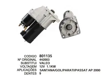 801135 MOTOR DE PARTIDA GOL, SANTANA,PARATI,PASSAT 9D 12V VALEO