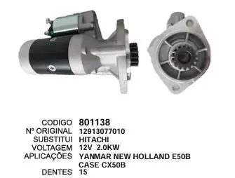 801138 MOTOR DE PARTIDA YANMAR NEW HOLLAND 12V 15D HITACHI