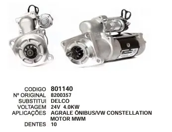 801140 MOTOR DE PARTIDA AGRALE,VW CONSTELATION 24V 10D DELCO