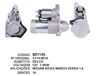801145 MOTOR DE PARTIDA NISSAN KICKS MARCH 12V 10D DELCO
