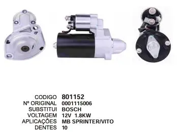 [801152] 801152 MOTOR DE PARTIDA MB SPRINTER,VITO 12V 10D BOSCH