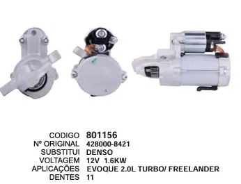 801156 MOTOR DE PARTIDA EVOQUE TURBO, FREELANDER 12V 11D DENSO