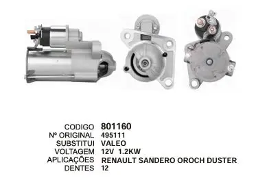 801160 MOTOR DE PARTIDA RENAULT SANDERO OROCH DUSTER 12V 12D VALEO
