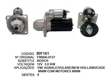 801161 MOTOR DE PARTIDA MWM, AGRALE, VOLARE, CASE 9D 12V BOSCH