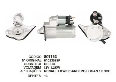 801163 MOTOR DE PARTIDA RENAULT KWID,SANDERO,LOGAN 12V 13D DELCO REMY