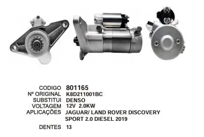 801165 MOTOR DE PARTIDA LAND ROVER DISCOVERY SPORT DIESEL 12V 13D DENSO