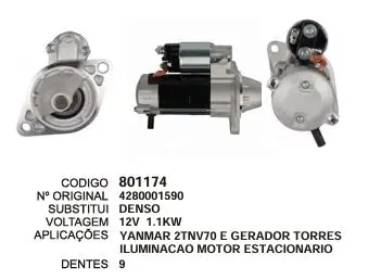 801174 MOTOR DE PARTIDA YANMAR GERADOR TORRES ILUMINACAO 12V 9D DENSO
