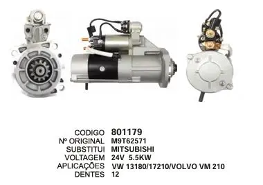 [801179] 801179 MOTOR DE PARTIDA VW 13180 VOLVO 210 MOT MWM ELETRO MITSUBISHI 24V 12D