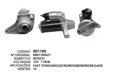 [801180] 801180 MOTOR DE PARTIDA TORO, ARGO, CRONOS, MOBI 13D 12V BOSCH