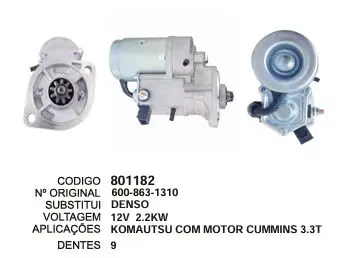801182 MOTOR DE PARTIDA KOMATSU C/ MOTOR CUMMINS 9D 12V DENSO