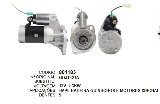 801183 MOTOR DE PARTIDA EMPILHADEIRAS, GUINCHOS, MOTOR XINCHAI 9D 12V