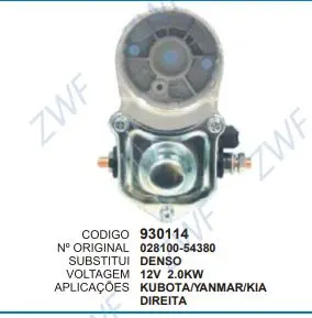 930114 RELE DE PART.KUBOTA 12V C/ MANCAL DIREITA