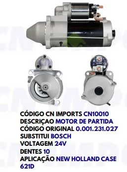 CN 10010 MOTOR DE PARTIDA NEW HOLAND, CASE, CLARK 24V 12D BOSCH