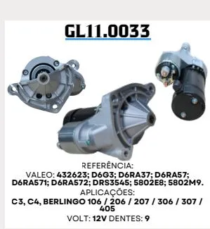 GL 11.0033 ARRANQUE CITROEN PEUGEOT 1.6, AIRCROSS, BERLINGO 12V 9D VALEO