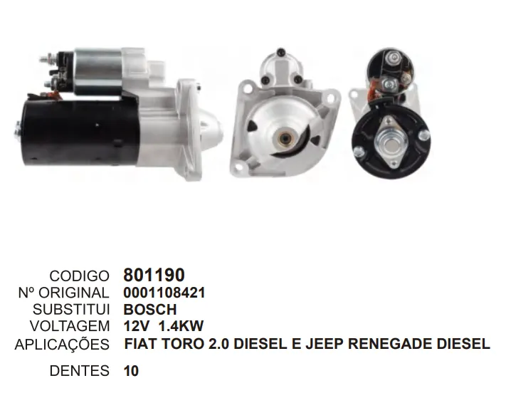[801190] 801190 ARRANQUE TORO 2.0 DIESEL, RENEGADE DIESEL 12V 10D BOSCH