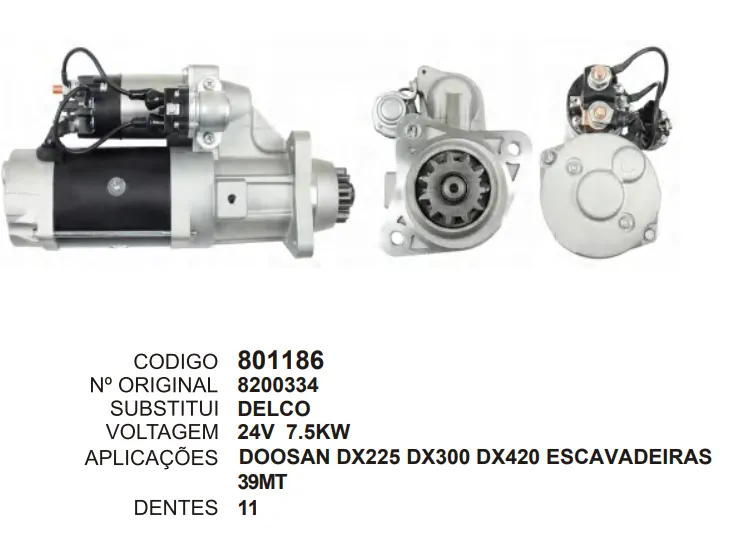 [801186] 801186 MOTOR DE PARTIDA DX 225,DX300 ESCAVADEIRA 39MT 24V 11D DELCO