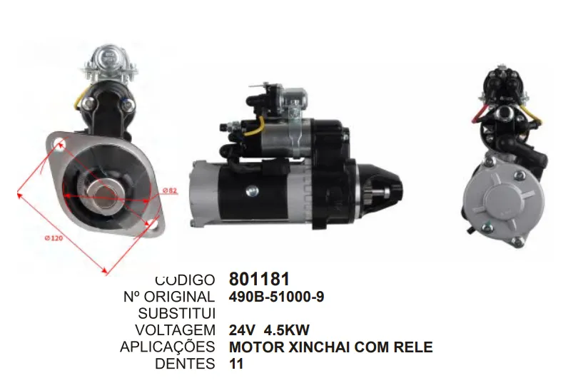 801181 MOTOR DE PARTIDA XINCHAI C/ RELE 24V 11D