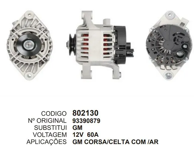 802130 ALTERNADOR GM CORSA, CELTA C/ AR 12V 60A