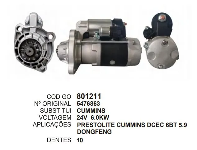 [801211] 801211 MOTOR DE PARTIDA PRESTOLITE CUMMINS DCEC 6BT 5.9 DONGFENG 24V 10D